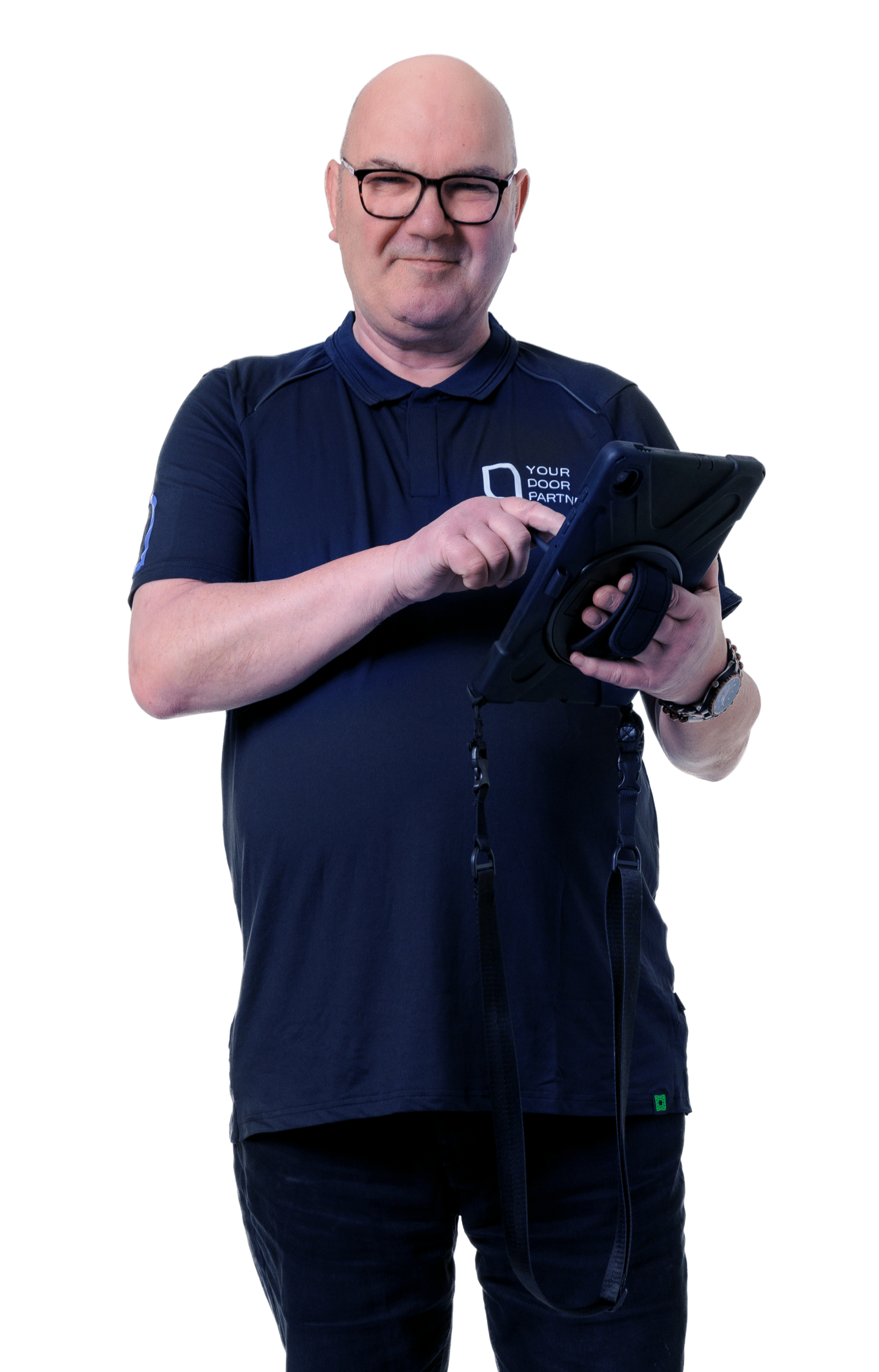 Monteur_Met_Ipad Lachende monteur met tablet in de hand